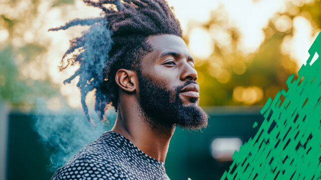 Contemplative Black man with dreadlocks and beard, blue smoke rising, against warm, blurred golden hour backdrop with striking green abstract graphic