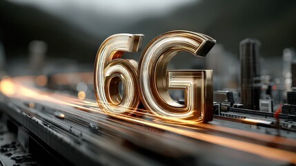 Golden 6G Logo on Urban Landscape with Motion Blur and Futuristic Ambiance