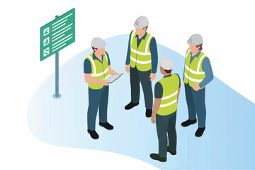 Construction crew meeting safety briefing site management team discussing plans isometric view transparent background