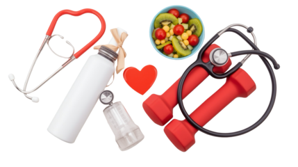 Conceptual Healthcare Composition with Dumbbell Stethoscope, Fruit Salad, Bottle and Heart