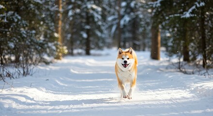 Joyful Akita running through a pristine snow-covered path amidst a winter forest landscape