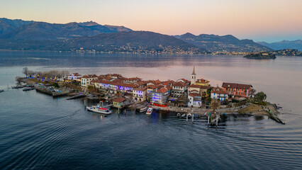 Sunset panorama view of Isola dei Pescatori at Lago Maggiore, It