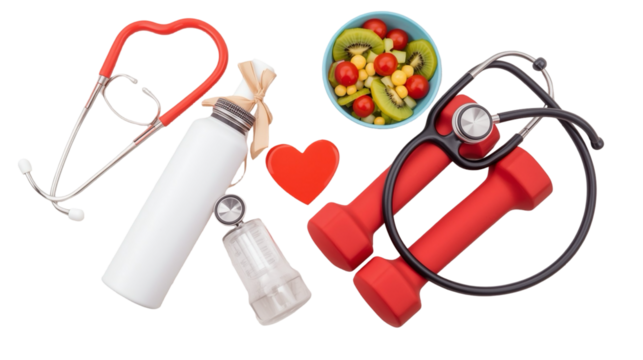 Conceptual Healthcare Composition with Dumbbell Stethoscope, Fruit Salad, Bottle and Heart