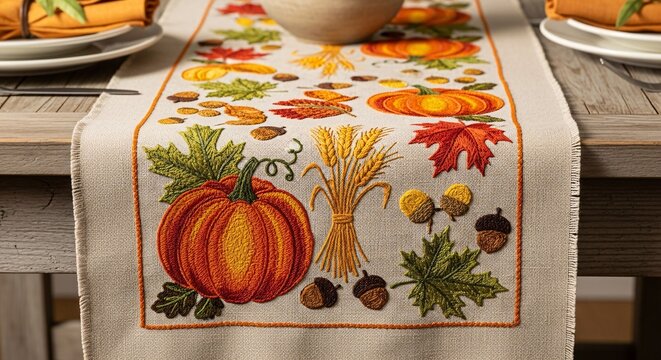 Elegant embroidered table runner with pumpkins, leaves, and wheat for festive fall gatherings