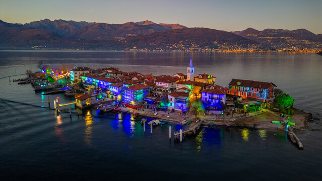 Sunset panorama view of Isola dei Pescatori at Lago Maggiore, It