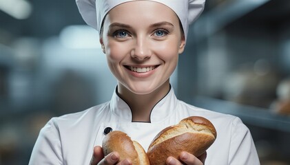 Baker in white uniform holds and offering fresh bread in bakery shop