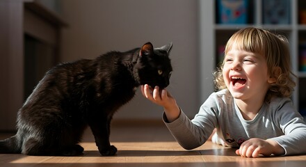 Joyful interaction: Little girl sharing her snack with her sleek black cat companion