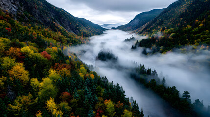 Fototapeta premium Colorful forest canopy stretches across a fog-filledautumn mountain valley.