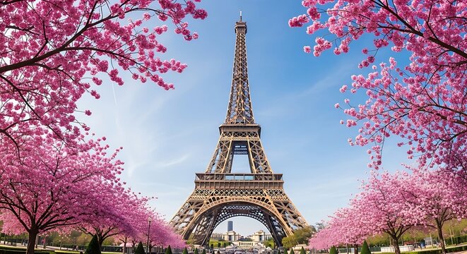Eiffel Tower in Springtime Paris with Cherry Blossoms.