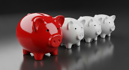 Red piggy bank leading white piggy banks on dark background
