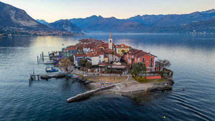 Sunset panorama view of Isola dei Pescatori at Lago Maggiore, It