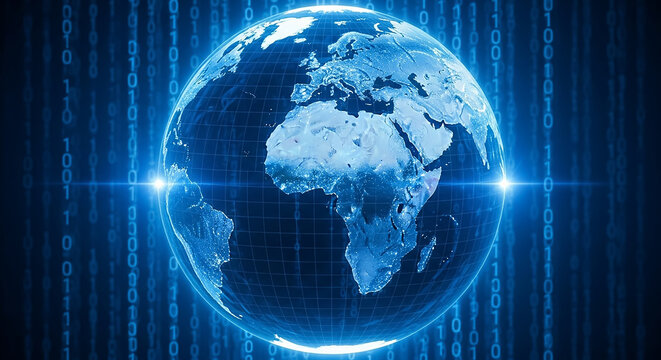 Planet earth rotating showing africa with digital binary code flowing around