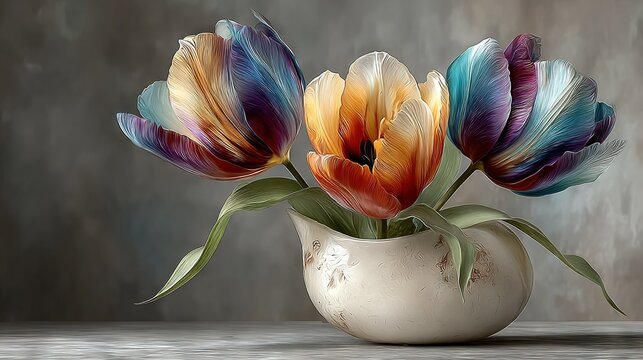  A vase filled with colorful flowers rests on a wooden table, set against a gray backdrop - Powered by Adobe