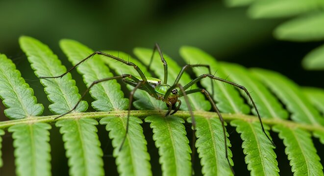 Long-Jawed Orb-Weaver Spider on Fern Leaf.