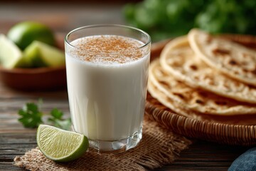mexican food photography, a cold glass of horchata with cinnamon, surrounded by mexican tacos and lime, on a rustic wooden table, captured in daylight