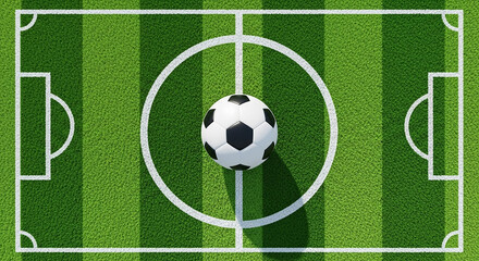 Obraz premium Soccer ball stands at the center of a football field