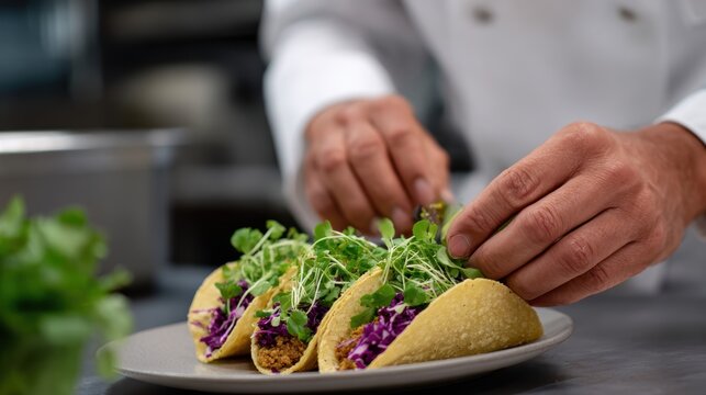 gourmet taco preparation, a chef garnishes tacos in a sleek open kitchen with microgreens and spicy sauces, with soft studio lighting and a glossy focus on the tacos