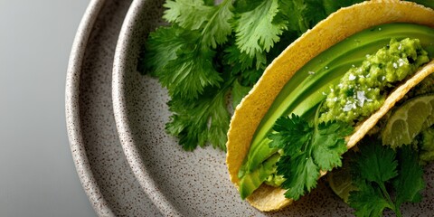 food styling, chic layout with a taco on a plate, cilantro, avocado, and neutral backgroundperfect for adding a headline