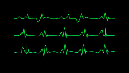 Green electrocardiogram waveforms on black background heart pulse