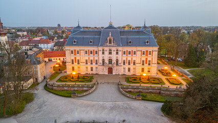 Sunset aerial view of Pszczyna castle park in Poland