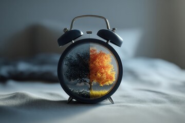 Alarm clock showcasing seasons blending summer and winter imagery
