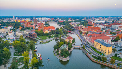 Sunset view of center of Wroclaw with Roman Catholic parish chur