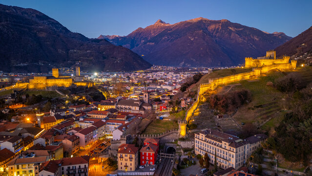 Sunset view of Bellinzona with Castelgrande and Castello di Mont