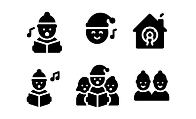 Fototapeta premium Festive carolling icons set featuring singers, house with wreath, and musical notes in simple silhouette style