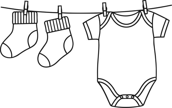 baby clothes hanging on clothesline, black and white clip art preview