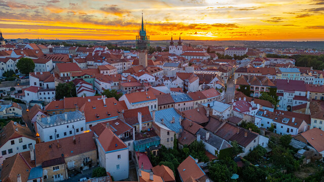 Sunrise aerial view of the center of Znojmo, Czech republic