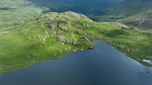 Llyn Cwmffynnon lake. Snowdonia. Wales. Cinematic drone video