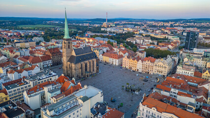 Sunset panorama of old town of Pilsen, Czech republic