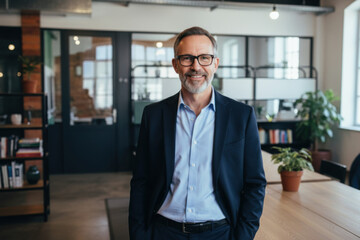 Fototapeta premium A man in a suit and glasses standing in front of a table