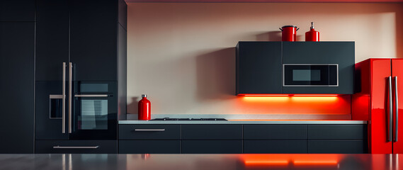 Modern Contemporary Kitchen Interior Design with Sleek Black Cabinets, Bright Red Accents, and Warm Under-Cabinet Lighting for a Luxurious Home Space.