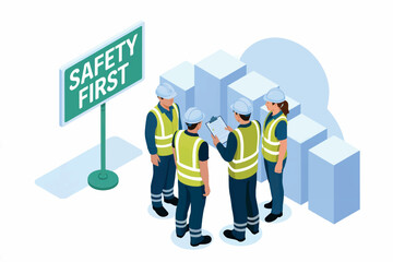 Workplace safety meeting workers in high visibility vest discussing plans near safety first sign transparent background