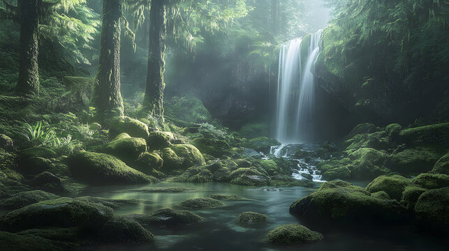 Ethereal Sunbeam Illuminates a Hidden Waterfall in a Lush, Mossy