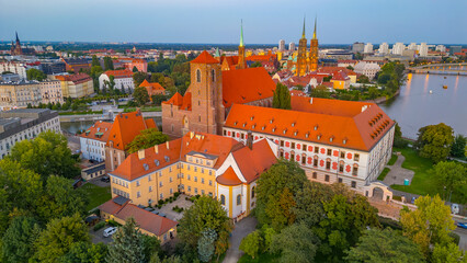 Sunset view of center of Wroclaw with Roman Catholic parish chur