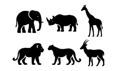 Obraz premium African wildlife silhouettes: elephant, rhino, giraffe, lion, cheetah, gazelle