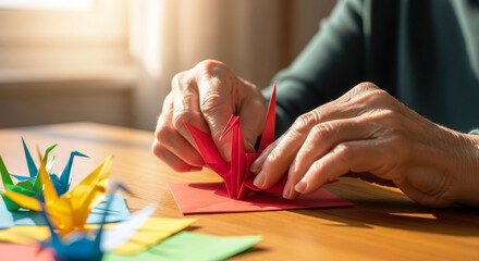 Elderly person folding red origami crane on wooden table indoors