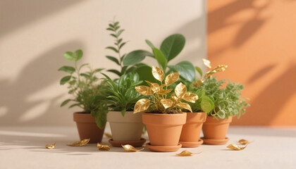 Plants in pots creating a green corner for health and wellness in the office
