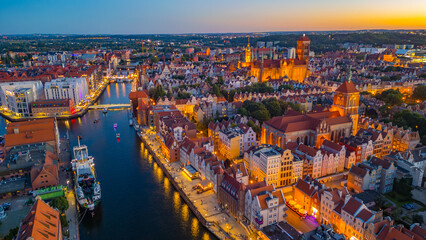 Naklejka premium Sunset aerial view of the city center of Gdansk, Poland