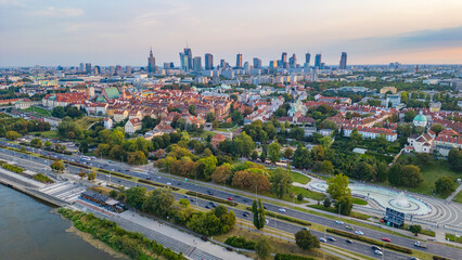 Fototapeta premium Skyline of Warsaw viewed behind Vistula river in Poland