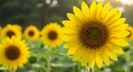 Fototapeta premium Lush sunflower field basking in sunlight with a bee collecting pollen amid vibrant yellow petals