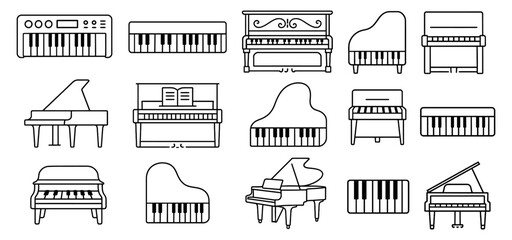 Diverse piano icons collection: grand, upright, and electronic designs in outline style