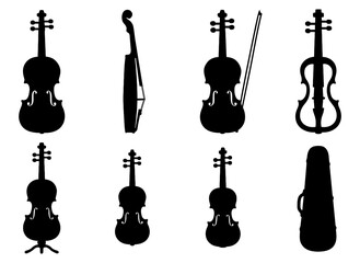 Fototapeta premium Elegant violin silhouettes set with case collection on white background