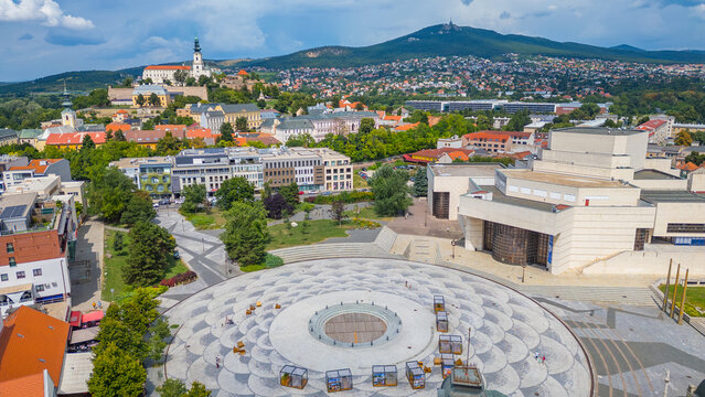 Panorama view of Nitra castle overlooking Svatoplukovo square in