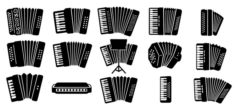 Silhouette set featuring musical accordion instruments and harmonica design