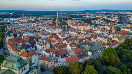 Sunset panorama of old town of Pilsen, Czech republic