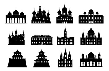 Obraz premium Silhouette icons of global landmarks in elegant black designs