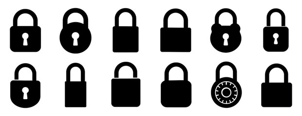 Silhouette lock icons collection showcasing diverse security designs